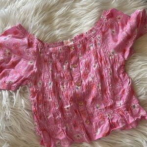 Girls Pink Floral Smocked Button-Front Top